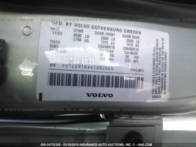 YV1CZ91HX41082664 - 2004 VOLVO XC90 T6 GRAY photo 9