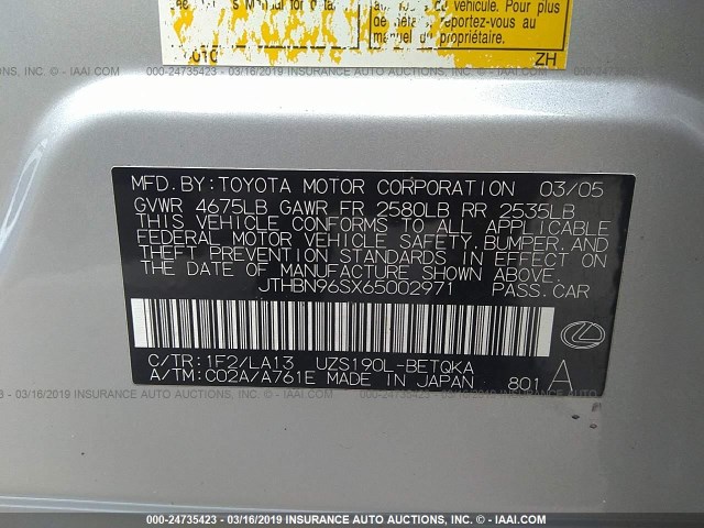 JTHBN96SX65002971 - 2006 LEXUS GS GENERATION 200 430 SILVER photo 9