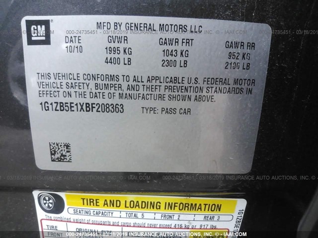 1G1ZB5E1XBF208363 - 2011 CHEVROLET MALIBU LS 灰色 照片 9