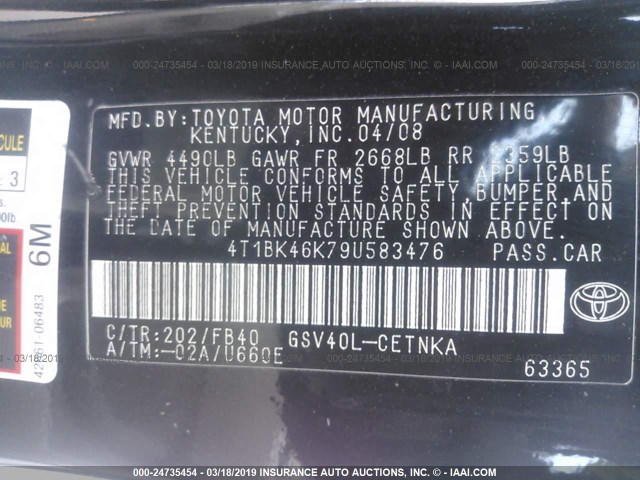 4T1BK46K79U583476 - 2009 TOYOTA CAMRY SE/LE/XLE 黑色 照片 9
