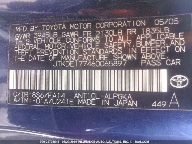 JTKDE177460065897 - 2006 TOYOTA SCION TC Dark Blue photo 9
