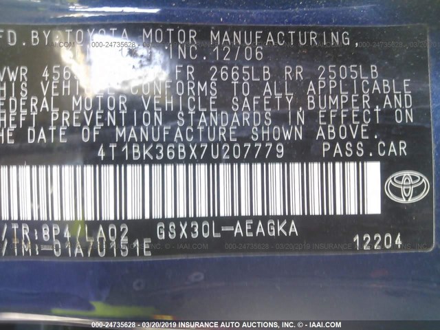 4T1BK36BX7U207779 - 2007 TOYOTA AVALON XL/XLS/TOURING/LIMITED BLUE photo 9