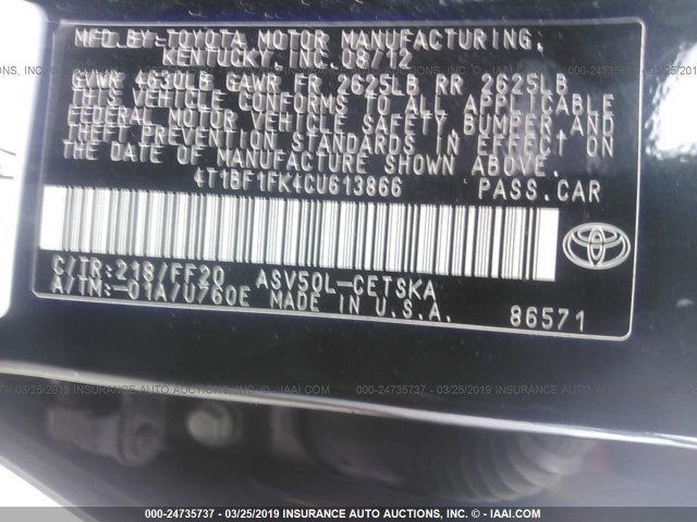 4T1BF1FK4CU613866 - 2012 TOYOTA CAMRY SE/LE/XLE SILVER photo 9