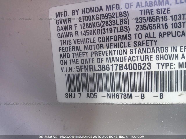 5FNRL38617B400623 - 2007 HONDA ODYSSEY EXL SILVER photo 9