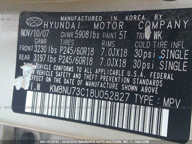 KM8NU73C18U052827 - 2008 HYUNDAI VERACRUZ GLS/SE/LIMITED GRAY photo 9