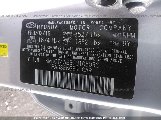 KMHCT4AE6GU105033 - 2016 HYUNDAI ACCENT SE SILVER photo 9