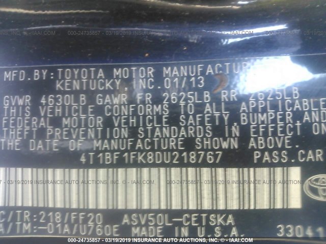 4T1BF1FK8DU218767 - 2013 TOYOTA CAMRY L/SE/LE/XLE Qara foto 9