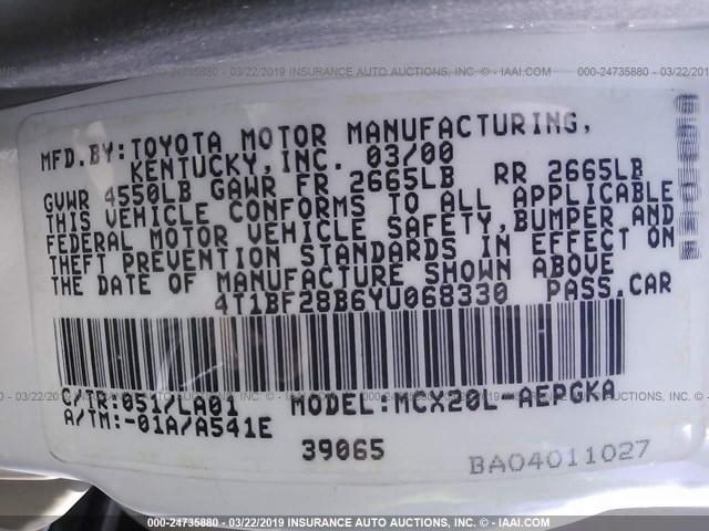 4T1BF28B6YU068330 - 2000 TOYOTA AVALON XL/XLS WHITE photo 9