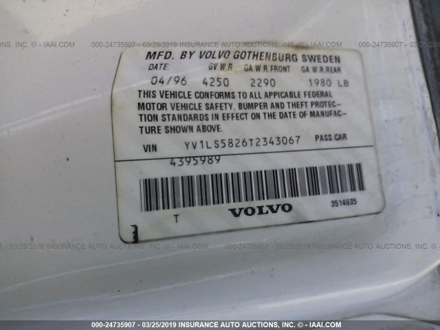 YV1LS5826T2343067 - 1996 VOLVO 850 R WHITE photo 9