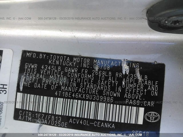 4T1BE46KX9U309986 - 2009 TOYOTA CAMRY SE/LE/XLE SILVER photo 9