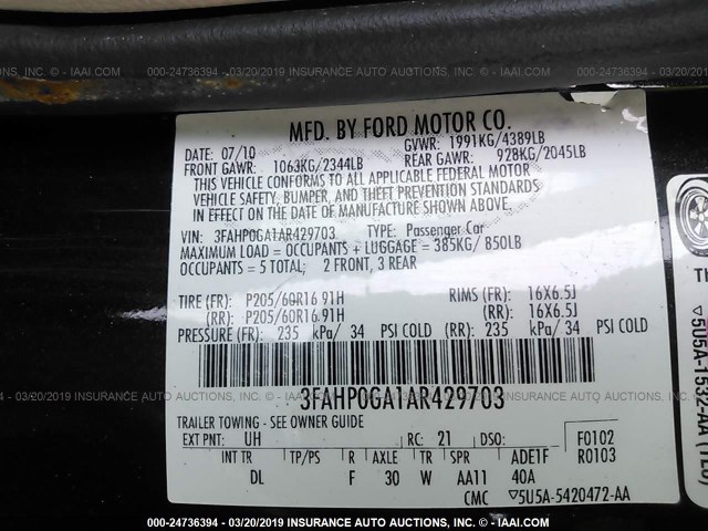 3FAHP0GA1AR429703 - 2010 FORD FUSION S BLACK photo 9