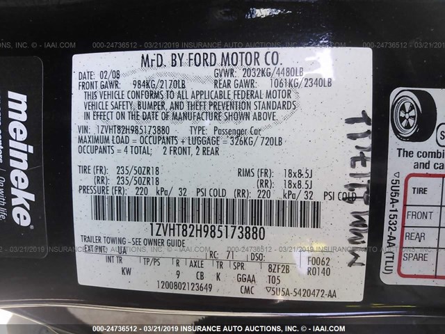 1ZVHT82H985173880 - 2008 FORD MUSTANG GT BLACK photo 9