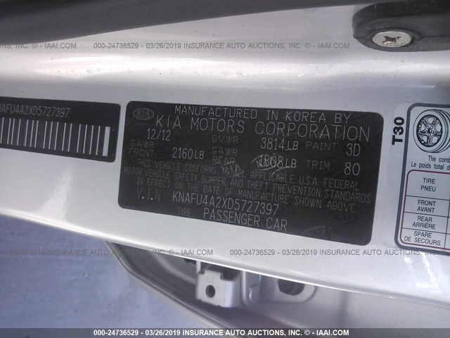 KNAFU4A2XD5727397 - 2013 KIA FORTE EX SILVER photo 9