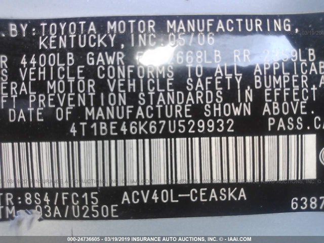 4T1BE46K67U529932 - 2007 TOYOTA CAMRY NEW GENERAT CE/LE/XLE/SE Light Blue photo 9