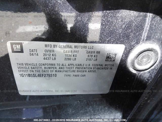 1G11B5SL4EF279310 - 2014 CHEVROLET MALIBU LS BLACK photo 9