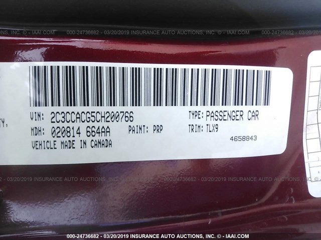 2C3CCACG5CH200766 - 2012 CHRYSLER 300 LIMITED MAROON photo 9