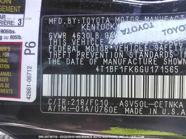 4T1BF1FK6GU171565 - 2016 TOYOTA CAMRY LE/XLE/SE/XSE BLACK photo 9