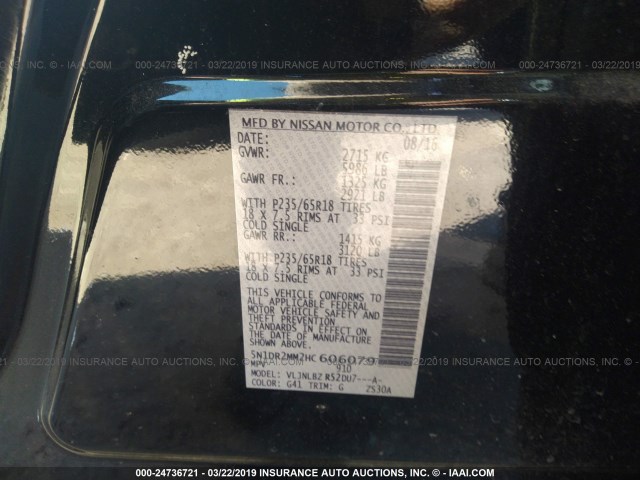 5N1DR2MM2HC606079 - 2017 NISSAN PATHFINDER S/SV/SL/PLATINUM BLACK photo 9