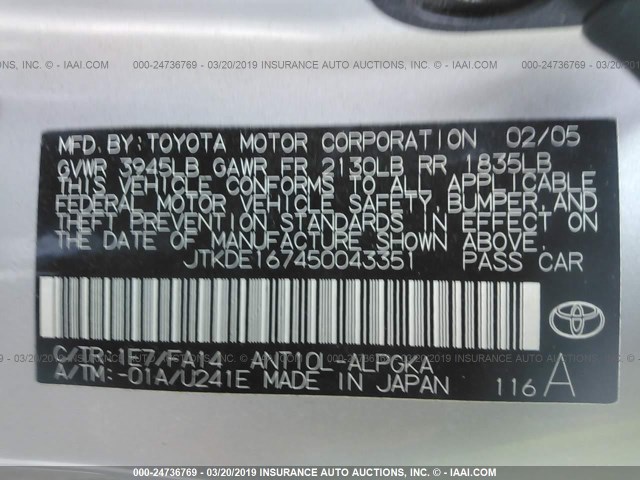 JTKDE167450043351 - 2005 TOYOTA SCION TC SILVER photo 9
