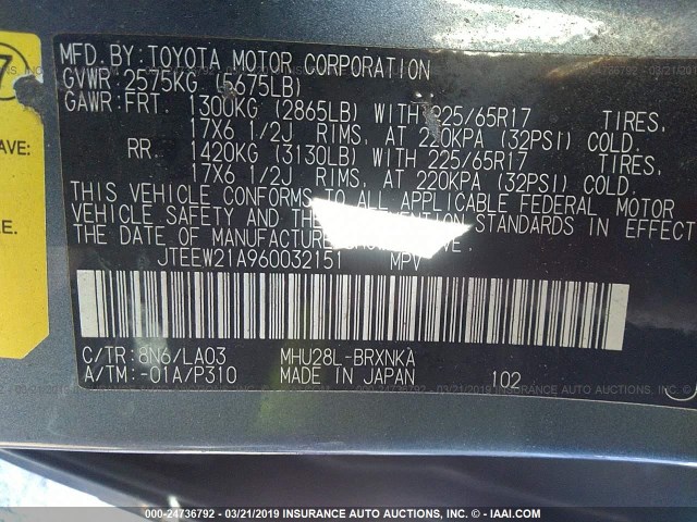 JTEEW21A960032151 - 2006 TOYOTA HIGHLANDER HYBRID BLUE photo 9