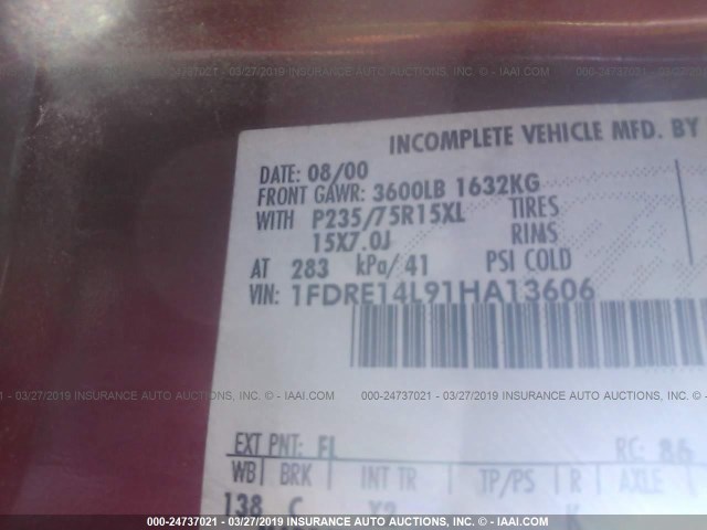 1FDRE14L91HA13606 - 2001 FORD ECONOLINE E150 VAN RED photo 9