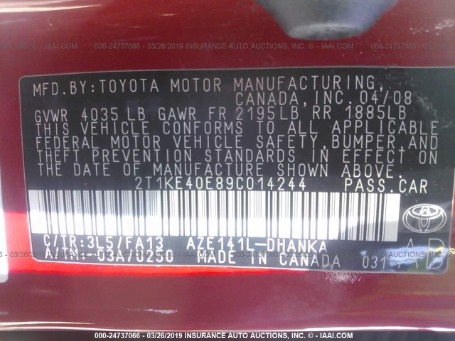 2T1KE40E89C014244 - 2009 TOYOTA COROLLA MATRIX S RED photo 9