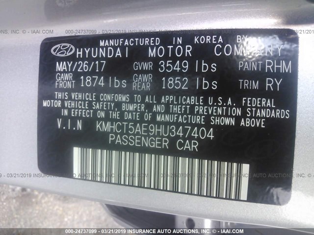 KMHCT5AE9HU347404 - 2017 HYUNDAI ACCENT SE SILVER photo 9