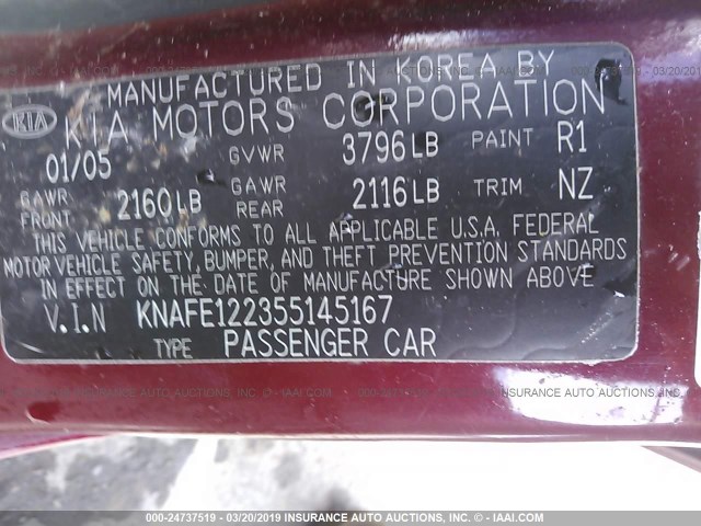 KNAFE122355145167 - 2005 KIA NEW SPECTRA LX/EX RED photo 9