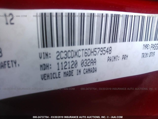 2C3CDXCT6DH579548 - 2013 DODGE CHARGER R/T RED photo 9