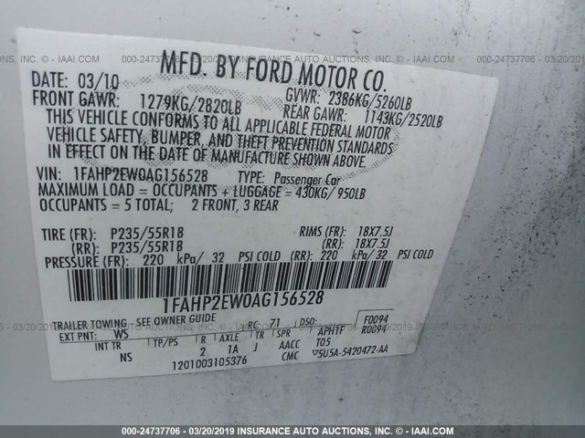 1FAHP2EW0AG156528 - 2010 FORD TAURUS SEL WHITE photo 9