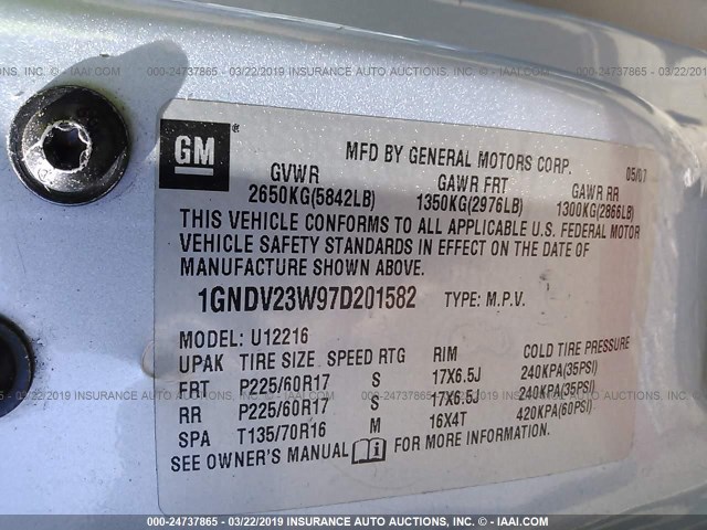 1GNDV23W97D201582 - 2007 CHEVROLET UPLANDER LS 蓝色 照片 9
