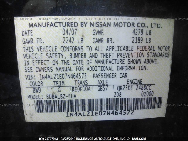 1N4AL21E07N464572 - 2007 NISSAN ALTIMA 2.5/2.5S BLUE photo 9