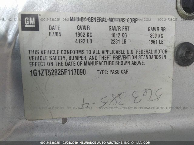 1G1ZT52825F117090 - 2005 CHEVROLET MALIBU LS SILVER photo 9