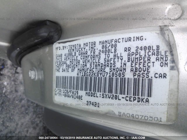 4T1BG22K8YU710505 - 2000 TOYOTA CAMRY CE/LE/XLE SILVER photo 9