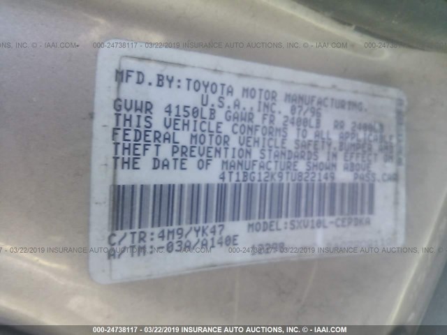 4T1BG12K9TU822149 - 1996 TOYOTA CAMRY DX/LE/XLE TAN photo 9