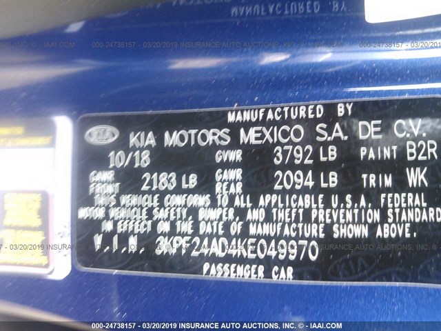 3KPF24AD4KE049970 - 2019 KIA FORTE FE/LX/LXS BLUE photo 9