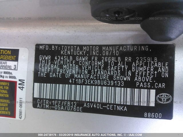 4T1BF3EK9BU639133 - 2011 TOYOTA CAMRY SE/LE/XLE SILVER photo 9