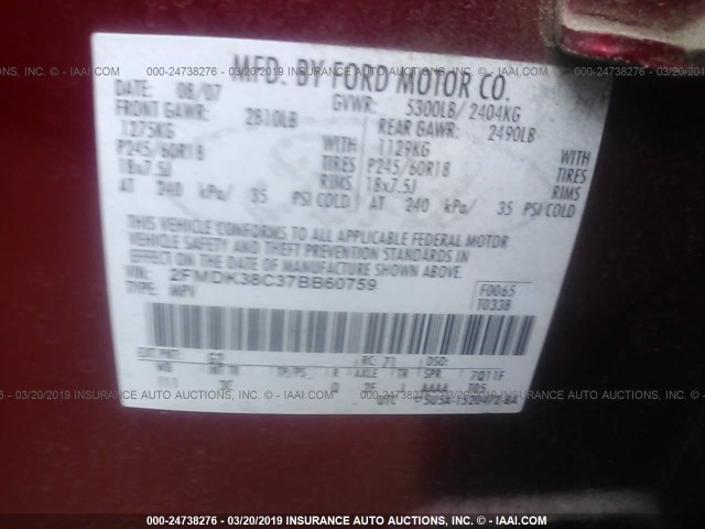 2FMDK38C37BB60759 - 2007 FORD EDGE SEL RED photo 9