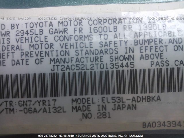 JT2AC52L2T0135445 - 1996 TOYOTA TERCEL STD/DX GREEN photo 9