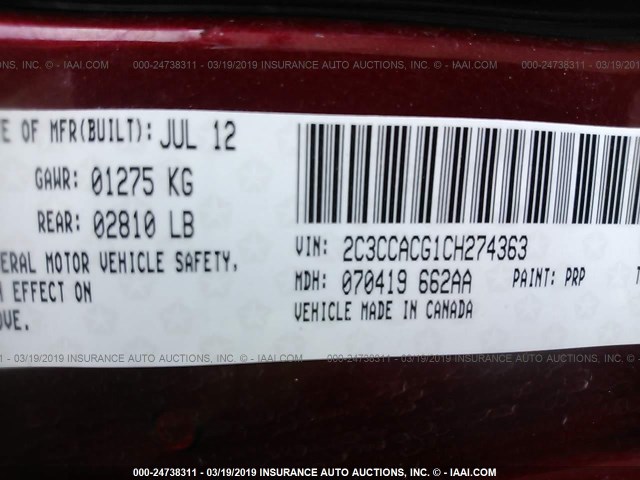 2C3CCACG1CH274363 - 2012 CHRYSLER 300 LIMITED RED photo 9
