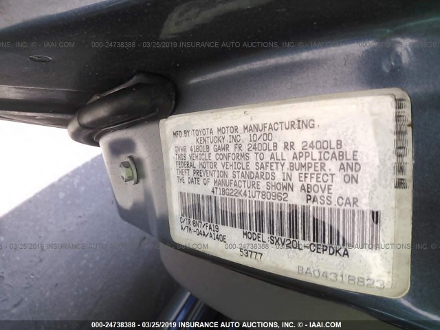 4T1BG22K41U780962 - 2001 TOYOTA CAMRY CE/LE/XLE 蓝色 照片 9