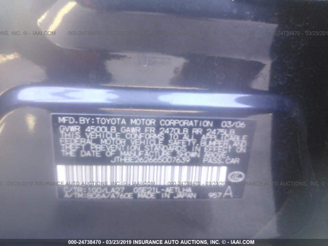 JTHBE262665007639 - 2006 LEXUS IS 350 BLACK photo 9