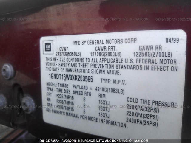 1GNDT13W3XK203596 - 1999 CHEVROLET BLAZER BURGUNDY photo 9