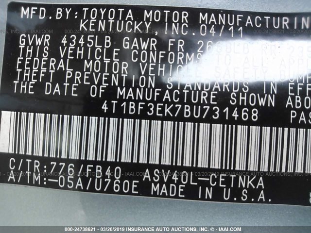 4T1BF3EK7BU731468 - 2011 TOYOTA CAMRY SE/LE/XLE GREEN photo 9