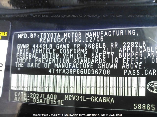 4T1FA38P66U096708 - 2006 TOYOTA CAMRY SOLARA SE/SLE BLACK photo 9