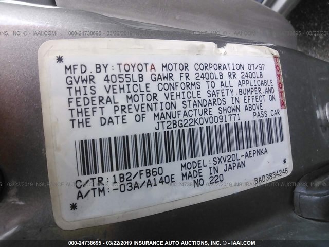 JT2BG22K0V0091771 - 1997 TOYOTA CAMRY LE/XLE GOLD photo 9