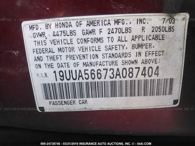 19UUA56673A087404 - 2003 ACURA 3.2TL RED photo 9