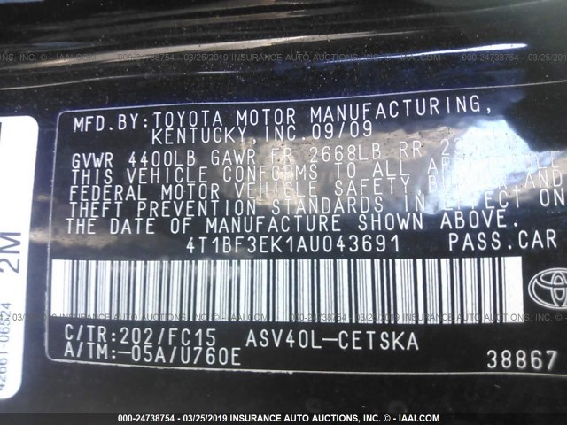 4T1BF3EK1AU043691 - 2010 TOYOTA CAMRY SE/LE/XLE BLACK photo 9