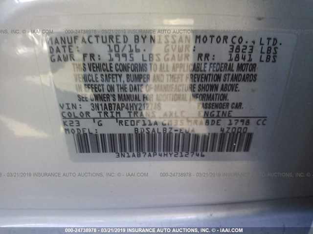 3N1AB7AP4HY212746 - 2017 NISSAN SENTRA S/SV/SR/SL SILVER photo 9