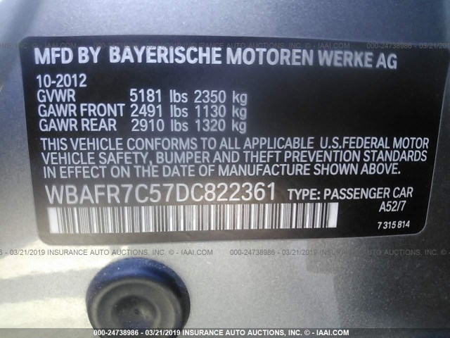 WBAFR7C57DC822361 - 2013 BMW 535 I GRAY photo 9
